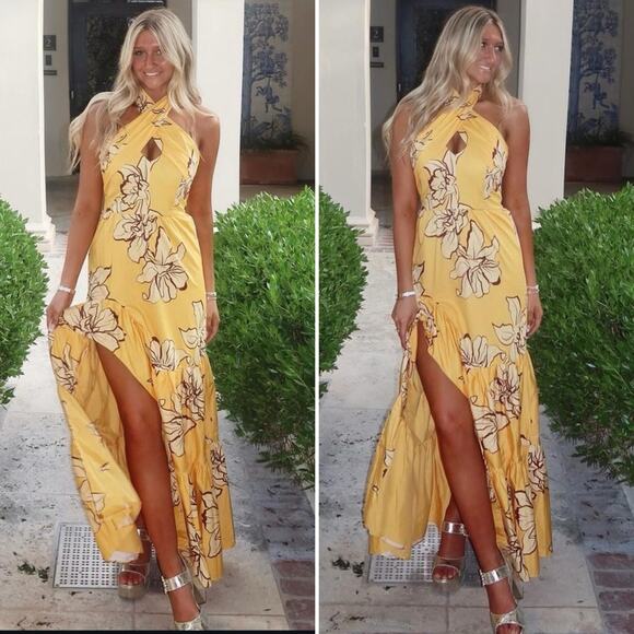 HUTCH Floral Halter Maxi Dress Maize Yellow Adjustable Neck Ruffle Slit 2 NEW - Picture 1 of 11